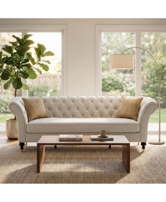 88.5" Chesterfield Cream Fabric 3-Seater Sofa with 2 Pillows