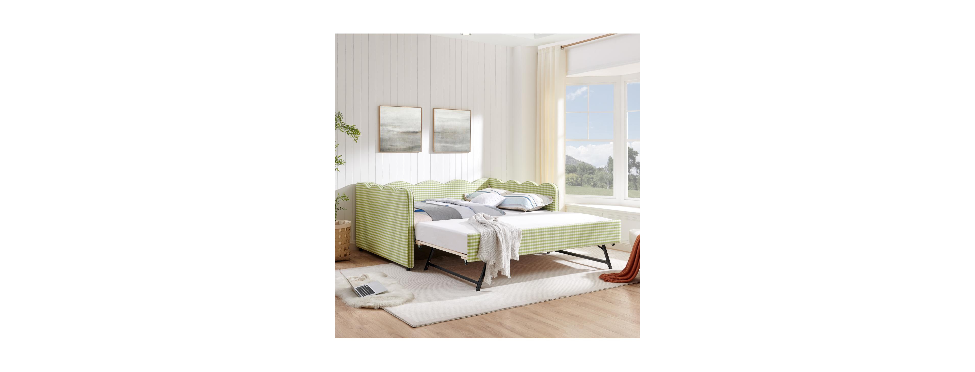 Streamdale Furniture Full Size Gingham Daybed with Twin Trundle, Usb Port, Wave Back