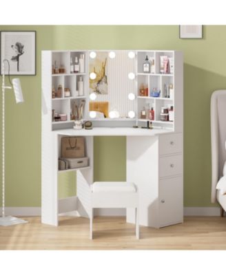 Corner Makeup Vanity Desk with Lighted Mirror Vanity Set