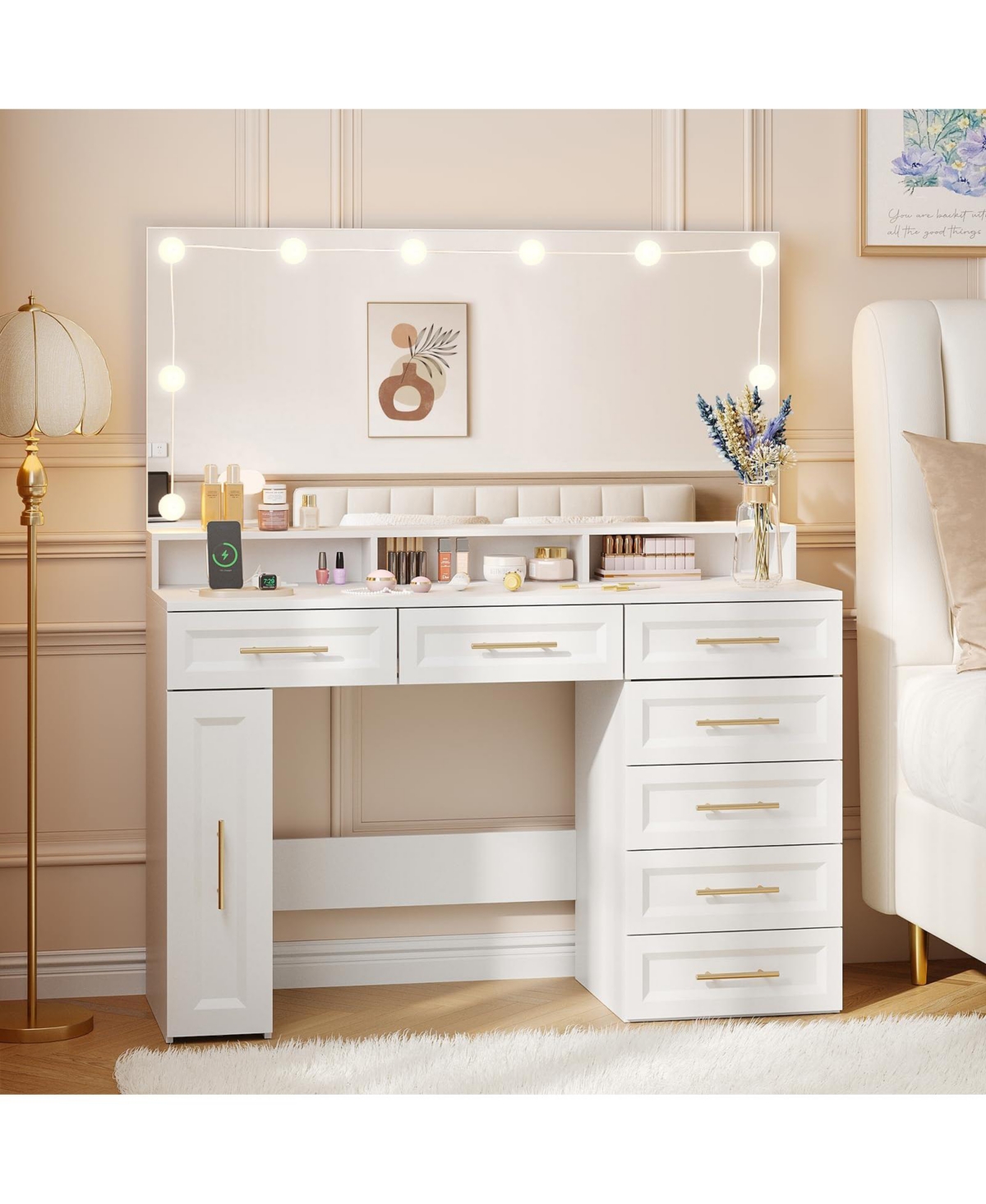Vabches Makeup Vanity Desk with Lighted Mirror, Glass Top and Power Outlet, 3 Modes Adjustable Brightness
