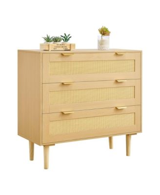 3-Drawer Woven Dresser Chest with Metal Handles and Wood Legs