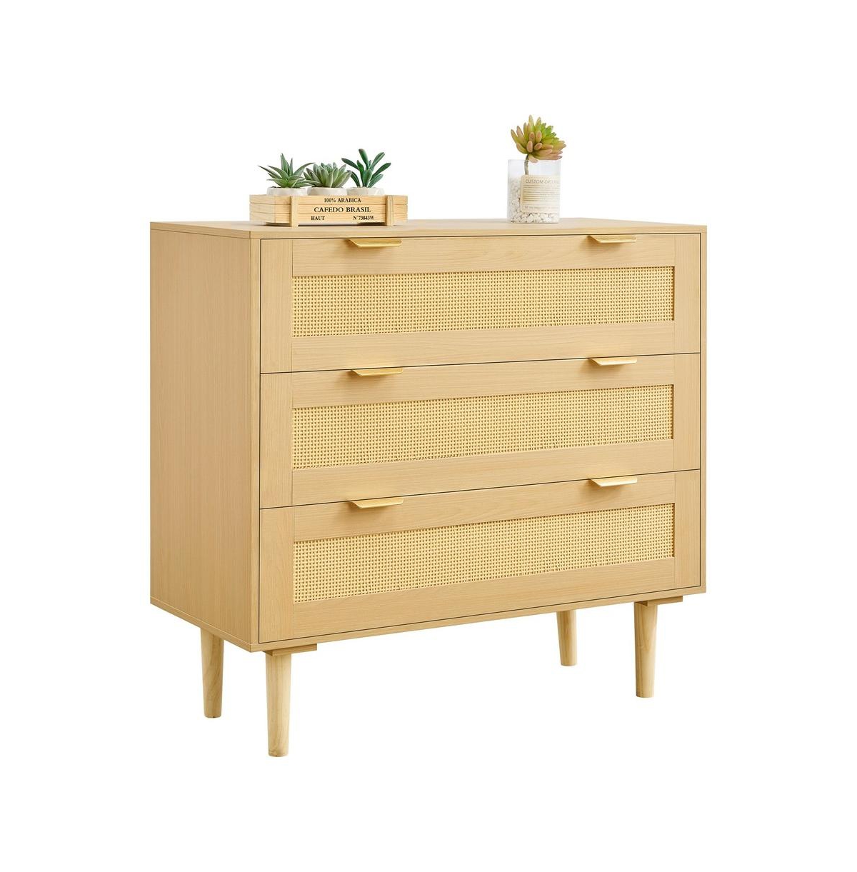 Sugift 3-Drawer Woven Dresser Chest with Metal Handles and Wood Legs - Beige