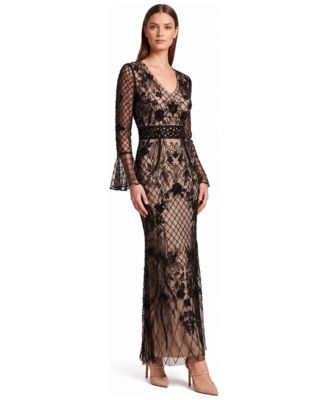 Women's Bell-Sleeve Beaded V-Neck Gown