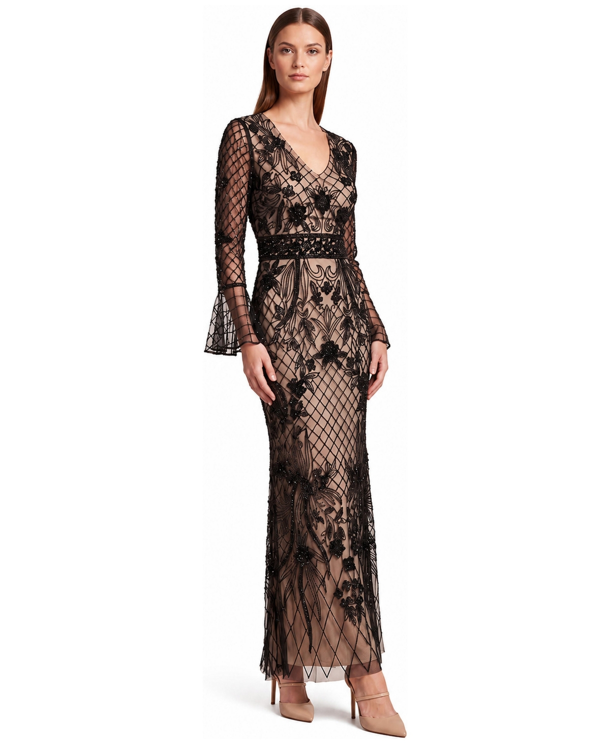 Lara Women's Bell-Sleeve Beaded V-Neck Gown