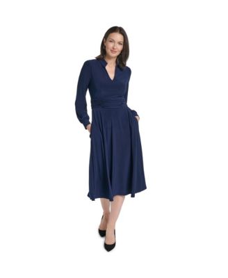 Petite Ruched Shirt Collar Long-Sleeve A-Line Midi Dress