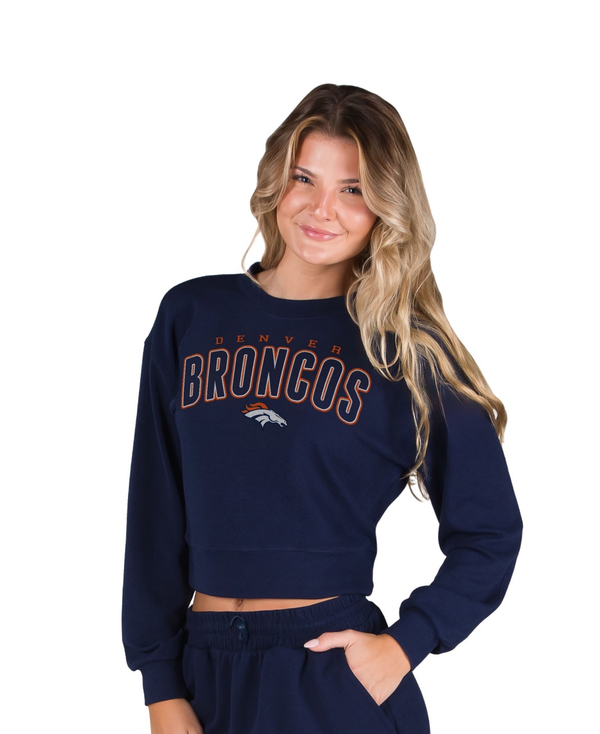 Women's Concepts Sport  Navy Denver Broncos Kingston Long Sleeve Lounge Cropped Tri-Blend Top