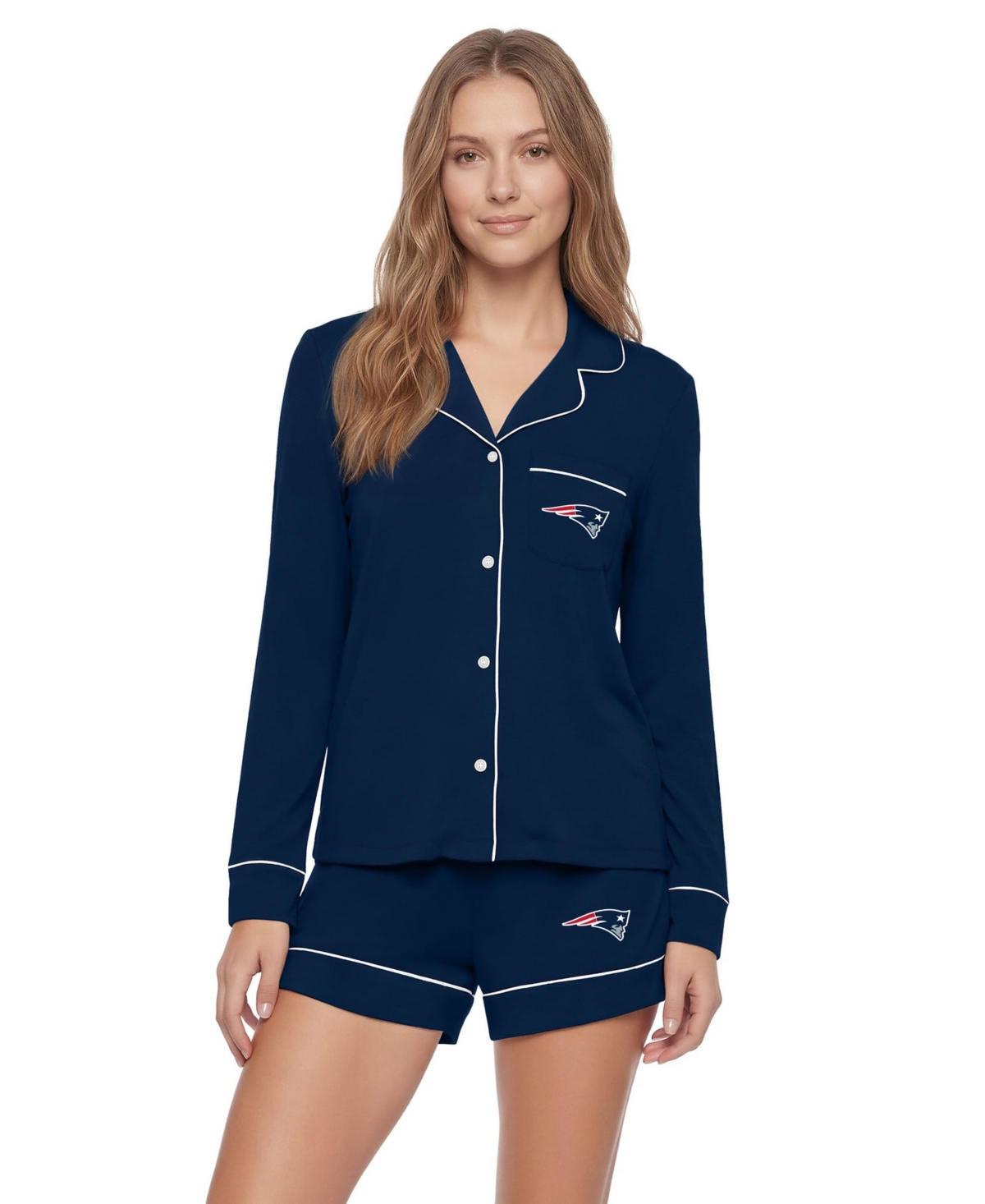 Concepts Sport Women's Navy New England Patriots Medley Long-Sleeves Button-Up and Shorts Sleep Set - Navy, Navy