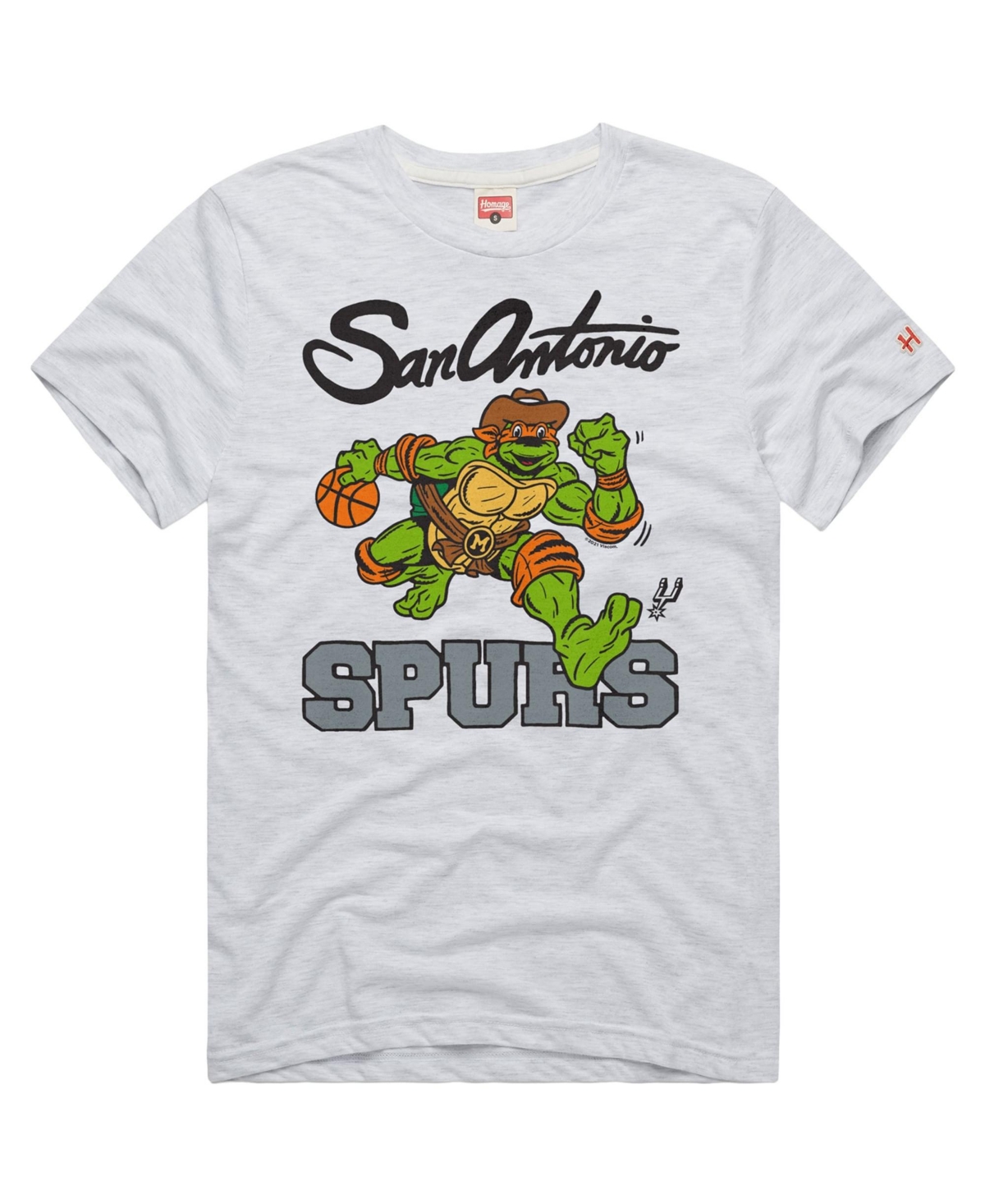 Homage Men's and Women's Ash San Antonio Spurs x Teenage Mutant Ninja Turtles Michelangelo Tri-Blend T-Shirt - Ash