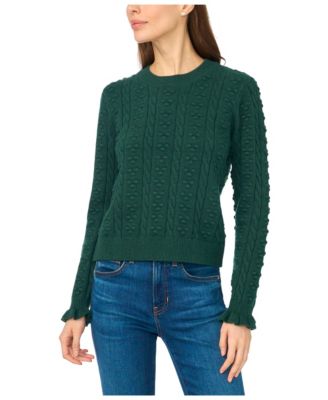 Women's Cable-Knit Crewneck Ruffle-Trim Sweater