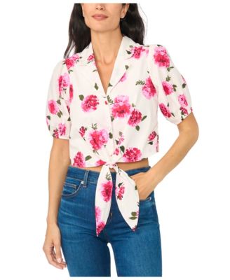 Women's Tie Front Puff Sleeve Floral-Print Blouse
