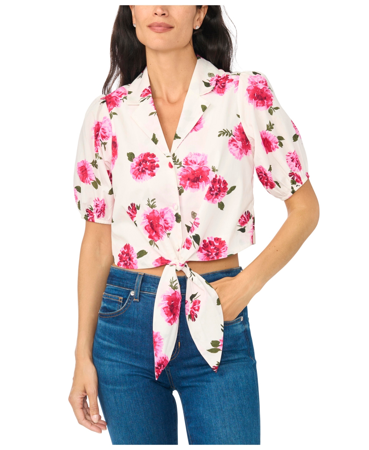 CeCe Women's Tie Front Puff Sleeve Floral-Print Blouse