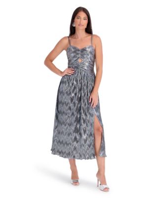 Women's Foiled Crinkly Woven Keyhole Thigh-High Slit Midi Dress