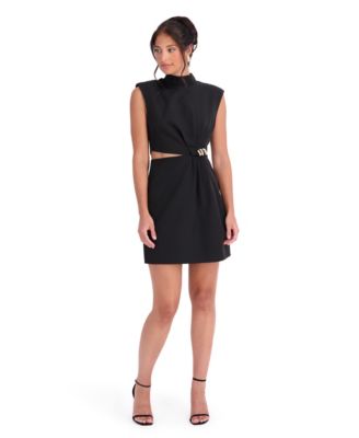 Women's Drapey Woven Mock Neck Asymmetric Waist Cutout Mini Dress
