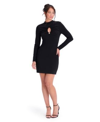 Women's Mock Neck Long Sleeve Keyhole Cutout Mini Dress