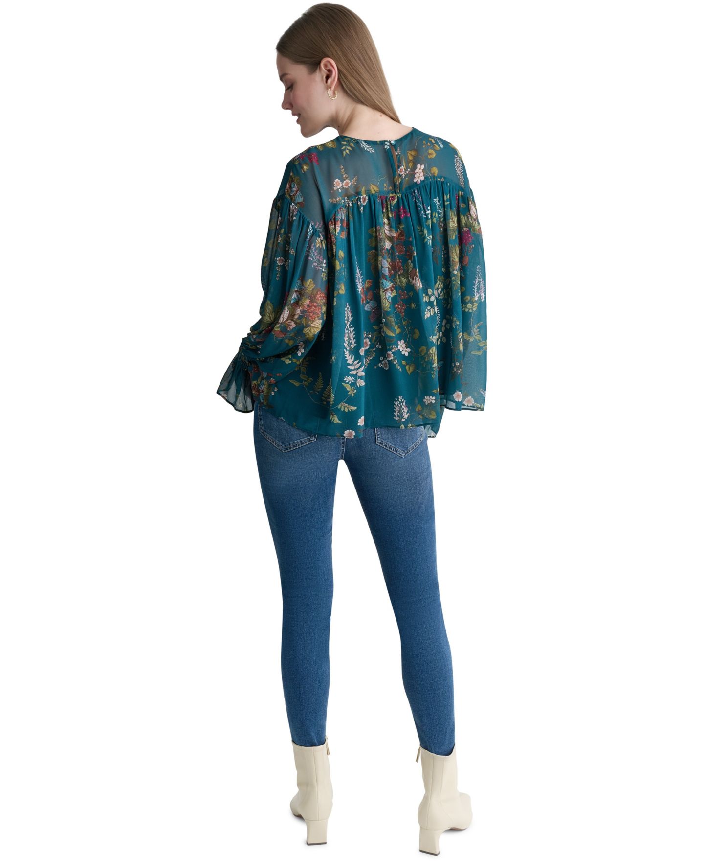 Женская блузка BCBG Drop-Shoulder Chiffon Crew Neck Long Sleeve, цвет: Королевский синий бирюзовый разноцветный — фото 7