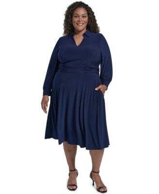 Plus Size Ruched Long-Sleeve A-Line Midi Dress