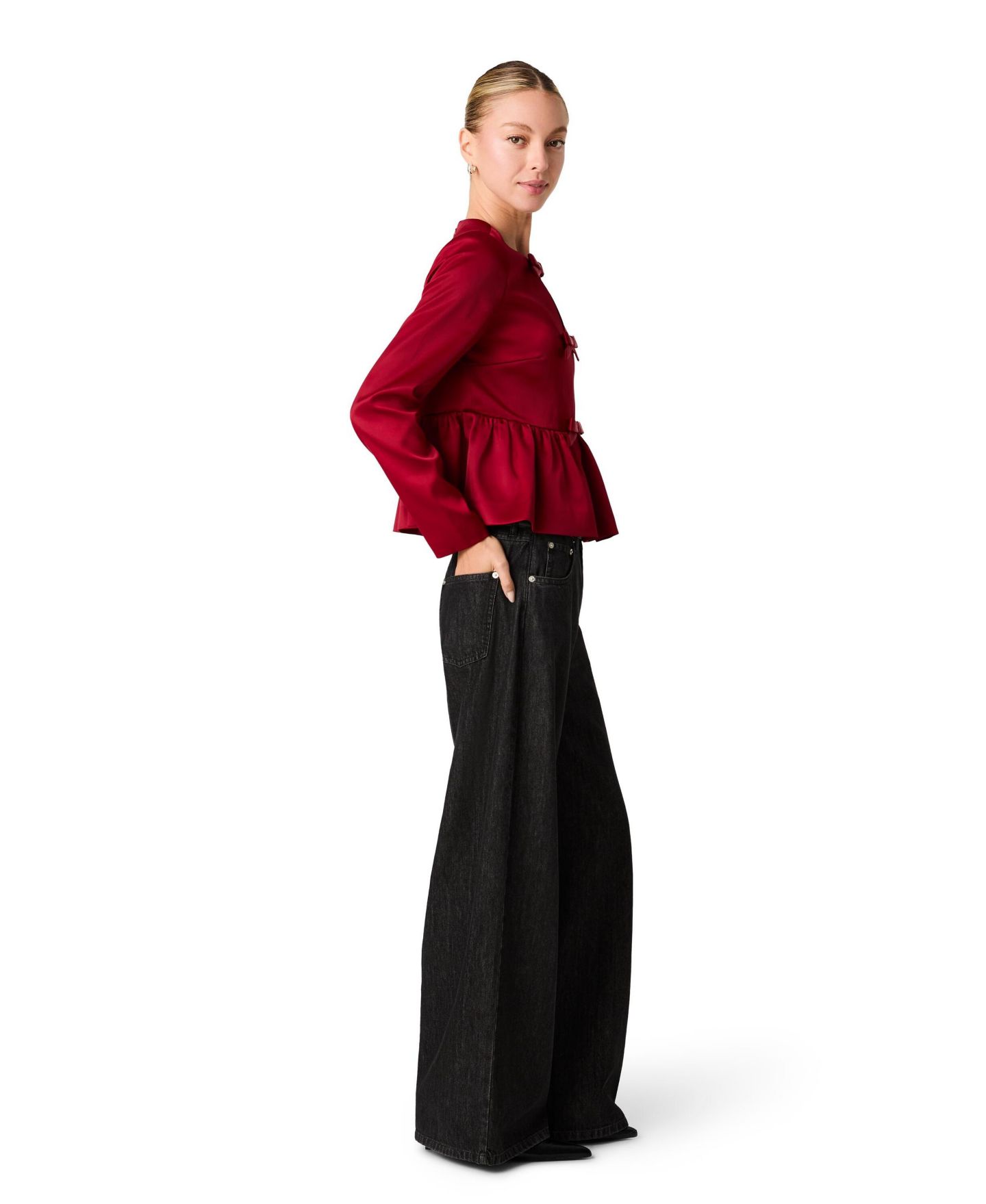 Женский топ French Connection Carey Satin Peplum Bow Long-Sleeve, цвет: Клюквенный — фото 3