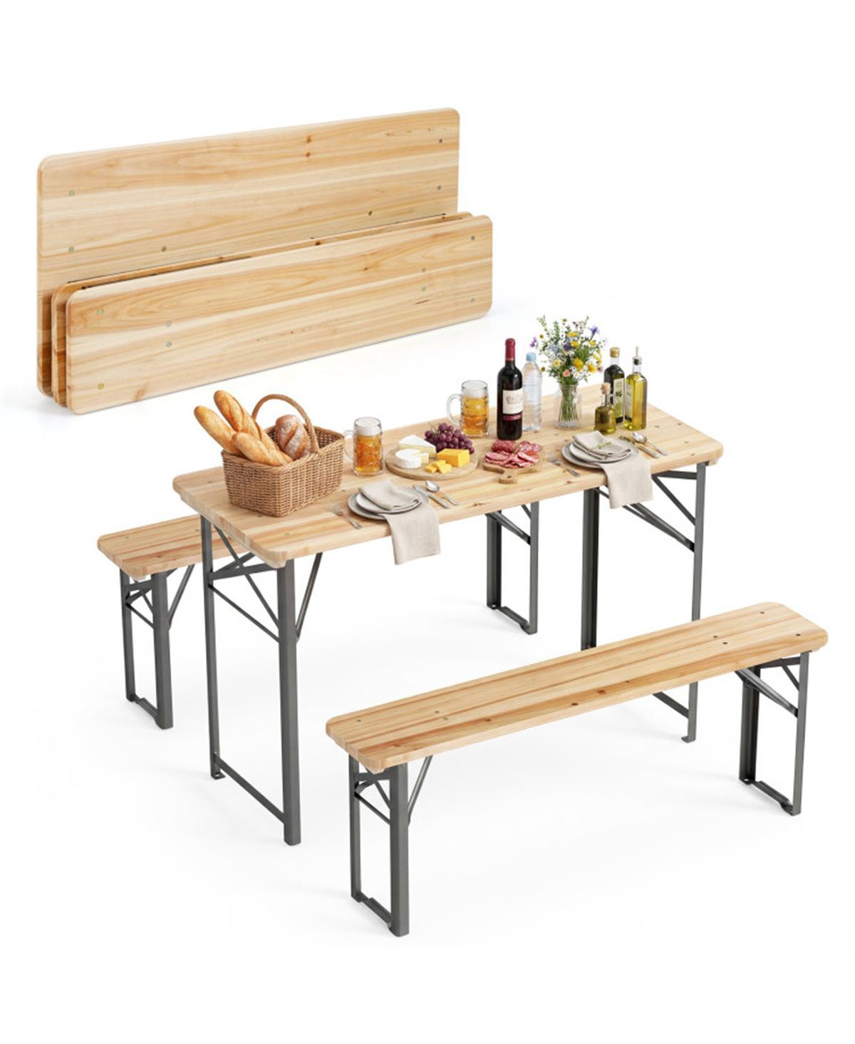 Sevorley 47" Foldable Picnic Table with 2 Benches, Solid Fir Wood Outdoor Dining Set with Sturdy Metal Frame for Patio Garden Backyard - Natural and b