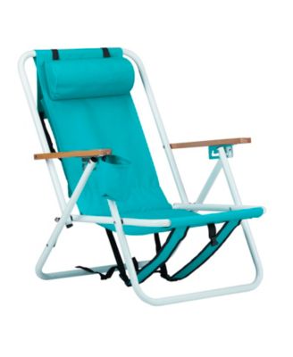 Folding Beach Chair, 4 Position Portable Backpack Foldable Camping Chair with Headrest Cup Holder and Wooden Armrests