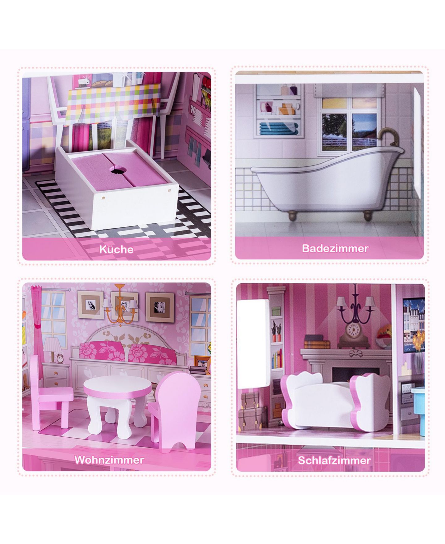Детские аксессуары для кукол Mecale 28-in 3-Level Dollhouse with 5 Themed Rooms and 8 Furniture Pieces, Ages 3+, цвет: Розовый — фото 6