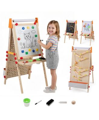 4-in-1 Kids Art Easel with Marble Run, Adjustable Height Double-Sided Drawing Easel with Paper Roll and Storage