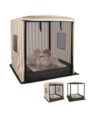 Brown Kids Wooden Sandbox with Waterproof Canopy, Built-in Seats and Storage, Advanced Protection