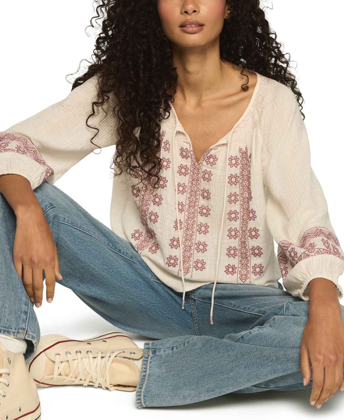 Женский топ Lucky Brand Long Sleeve Tie-Front V-Neck Cotton-Blend Peasant, цвет: Gardenia — фото 4