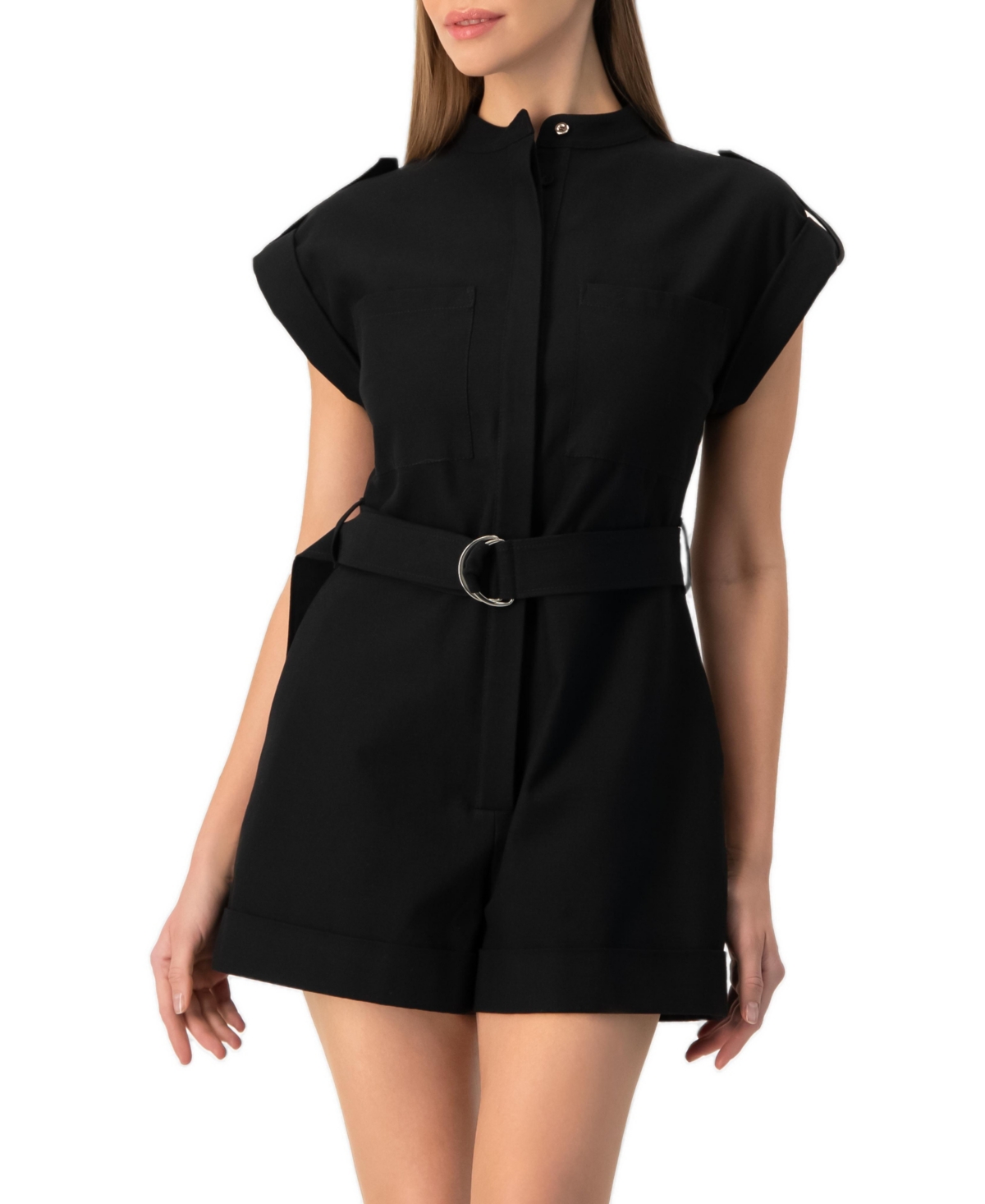 Ivonne Women's Structured D-Ring Belt Collared Sleeveless Jumpsuit Romper - Black
