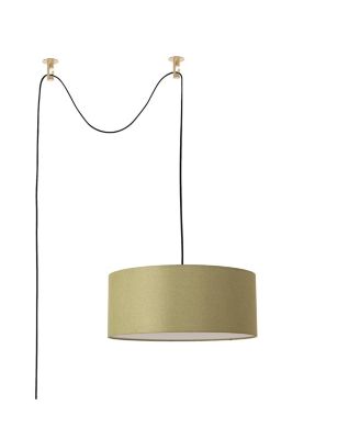 Stretch Swag Lamp, Avocado Linen Drum Shade, Weathered Brass, for Living Room or Bedroom