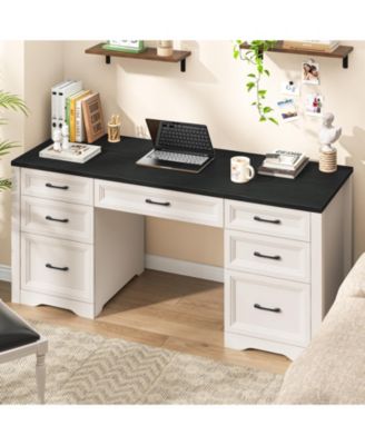 Executive Desk with Drawers and Cabinets, Wood Computer Desk, Large Home Office Wrting Desk