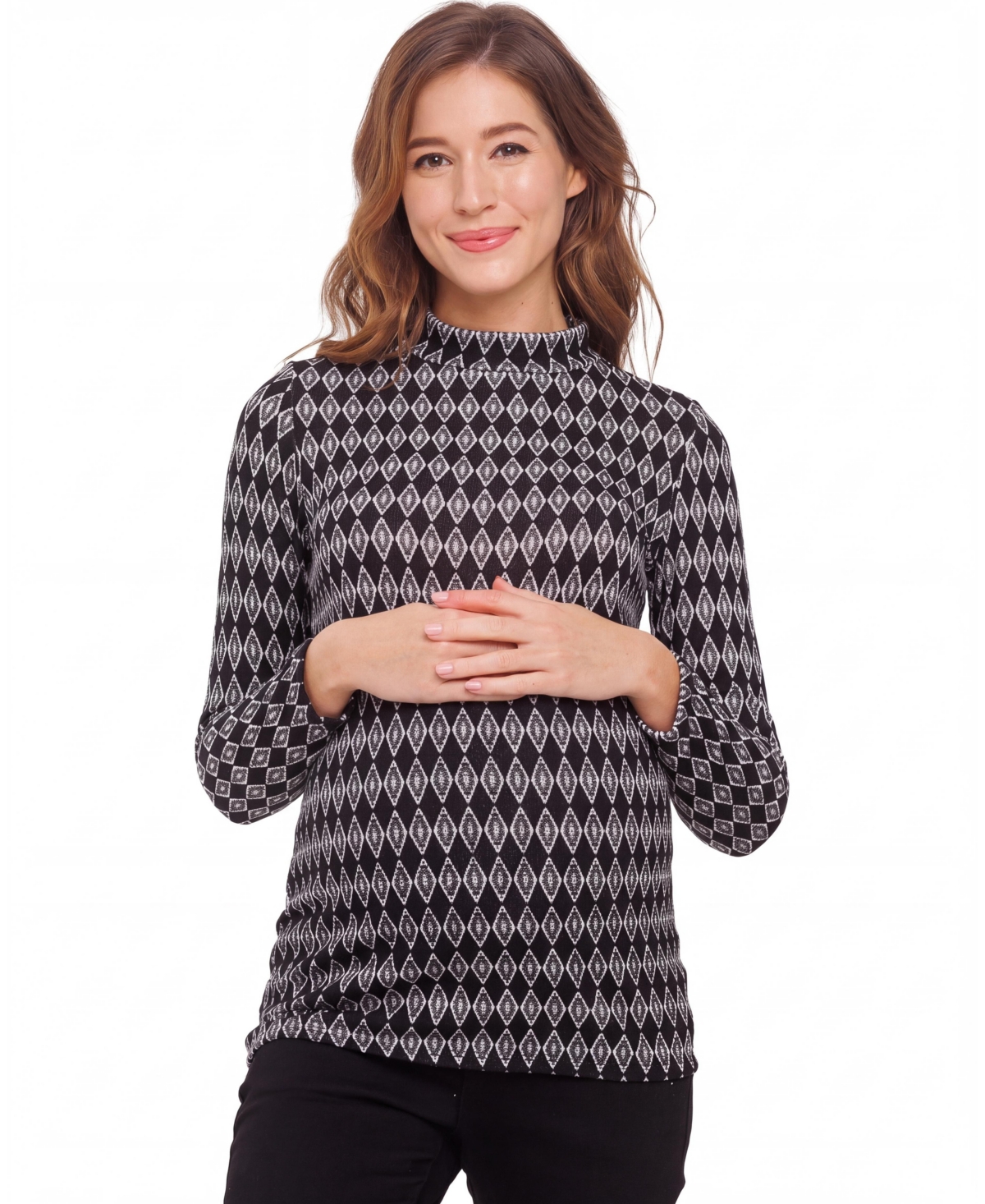 Hello Miz Women's Mock-Neck Diamond-Print Long-Sleeve Top