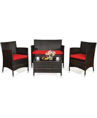 4-Piece Sectional Rattan Conversation Set with Glass Table