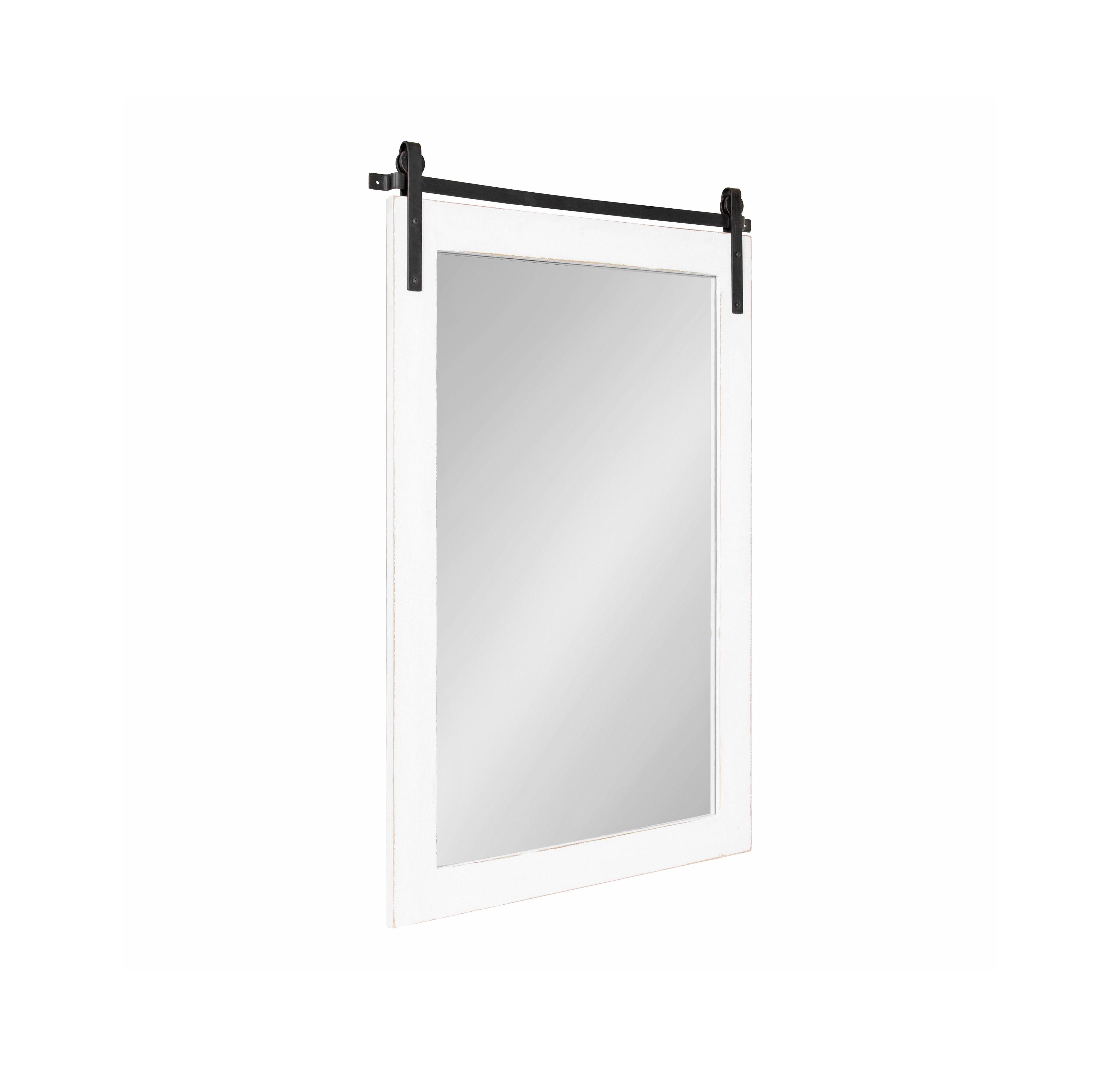 Kate and Laurel Cates Rustic Wall Mirror 26 x 39, White, Living Room Decor, Barn Door-Inspired Design, Bathroom Mirror for Over Sink