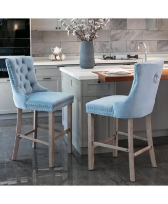 Velvet Upholstered Bar Stools Set of 2 - Button Tufted Decoration, Nailhead Trim and Wooden Legs, Counter Height Chairs for Home Pub