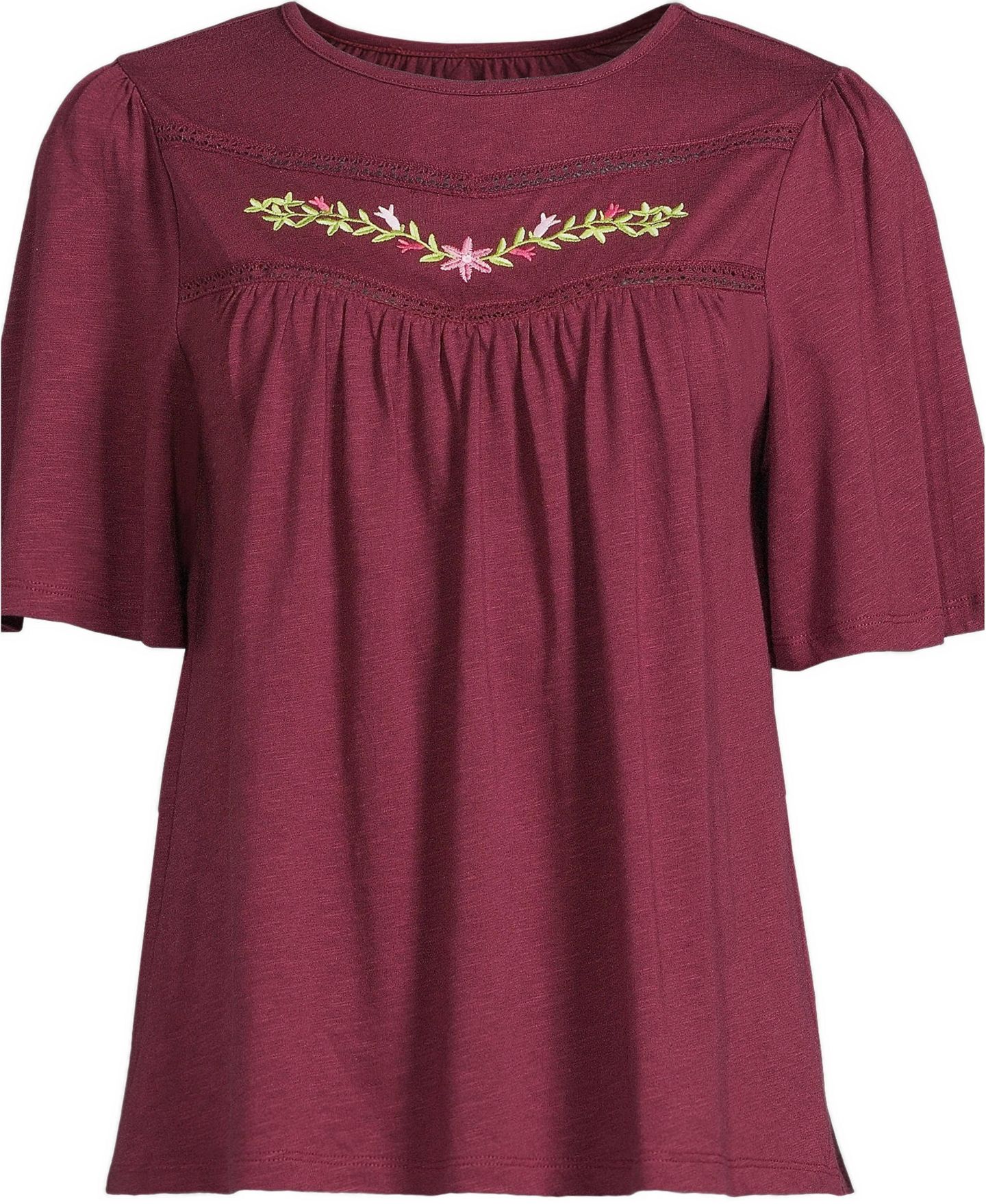 Женская блузка Lands' End Elbow-Sleeve Slub Jersey Embroidered Pintuck, цвет: С принтом / Бордовый — фото 4
