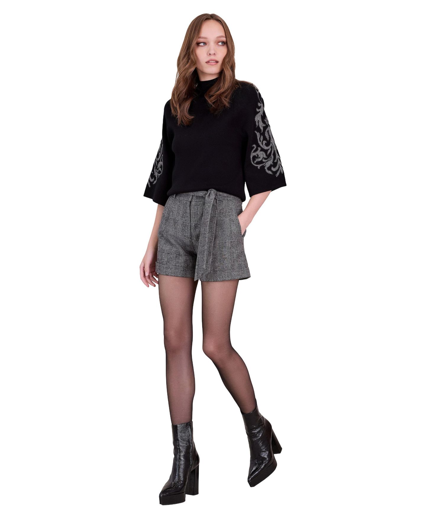 Женский свитер Anne Fontaine Geri Mock-Neck Bell-Sleeve Plaid-Applique Pullover, цвет: Чёрный — фото 2