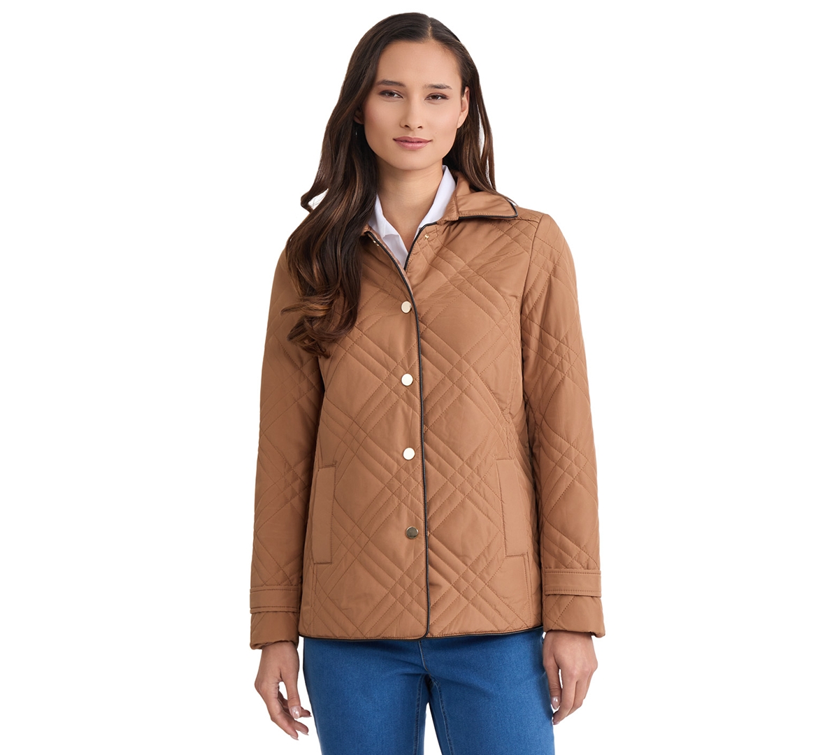 Jones New York Women's Triple-Diamond-Quilted Faux-Leather-Piping Jacket