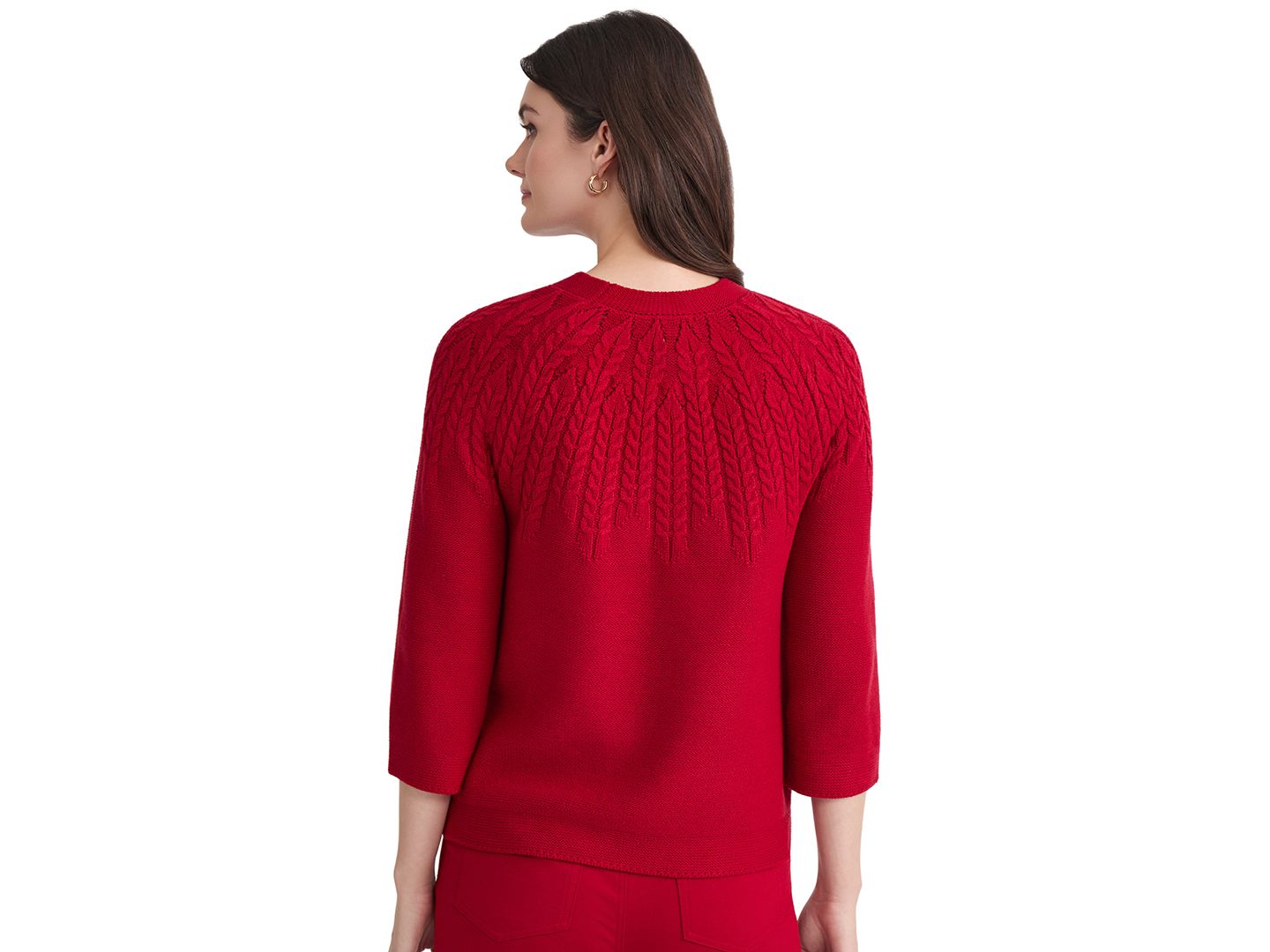 Женский свитер Jones New York Cable-Knit 3/4-Sleeve Raglan Crewneck Pullover, цвет: Красный — фото 4