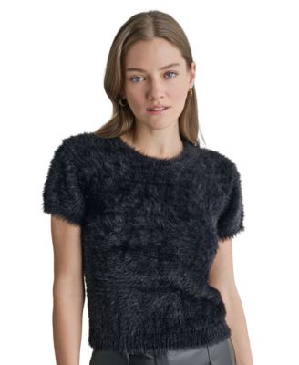 Women's Short-Sleeve Fuzzy-Knit Crewneck Sweater
