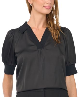 Women's Puff-Sleeve Satin V-Neck Blouse