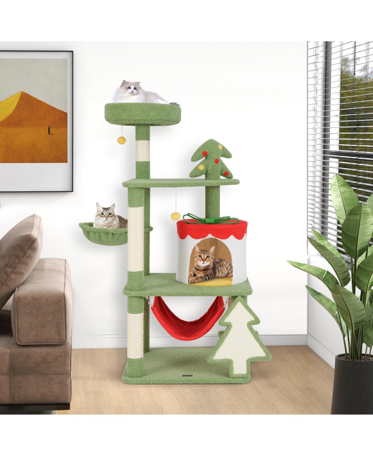 Zeny Cute Christmas Cat Tree with Sisal Posts and Gift Box Shaped Condo - Green