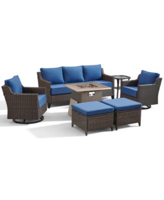 Horiz 7-Piece Patio Furniture Set with Fire Pit Table Wicker Swivel Rocking Chairs 3-Seat Sofa Ottomans Outdoor Conversation Set