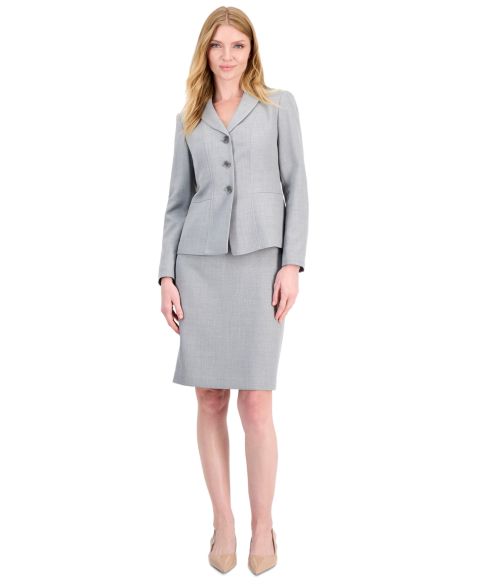 Женский комплект Le Suit Petite Melange Slim-Fit Peak-Lapel 3-Button Blazer and Skirt, 2-Piece Set, цвет: Серый разноцветный