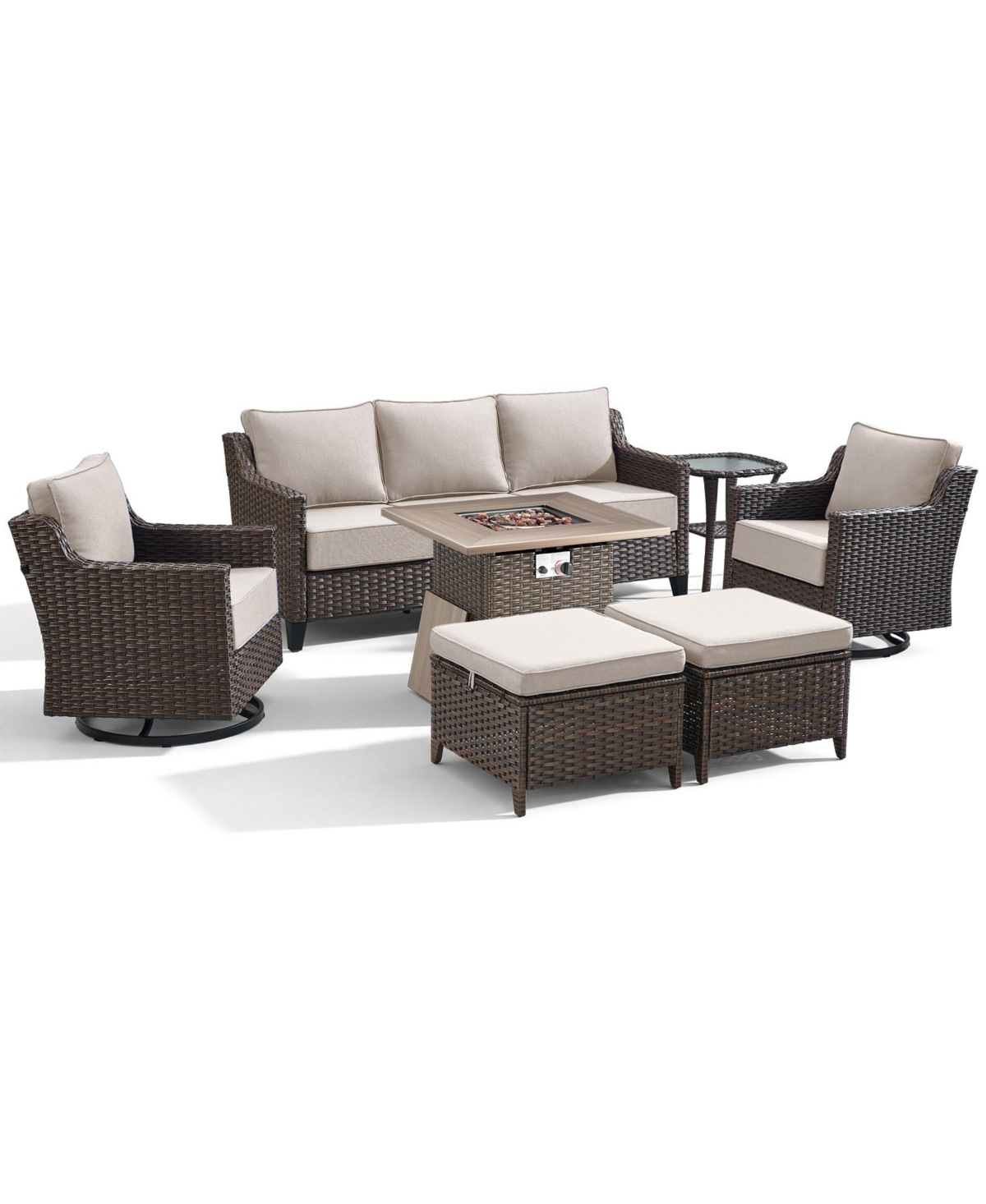 Pocassy Horiz 7-Piece Patio Furniture Set with Fire Pit Table Wicker Swivel Rocking Chairs 3-Seat Sofa Ottomans Outdoor Conversation