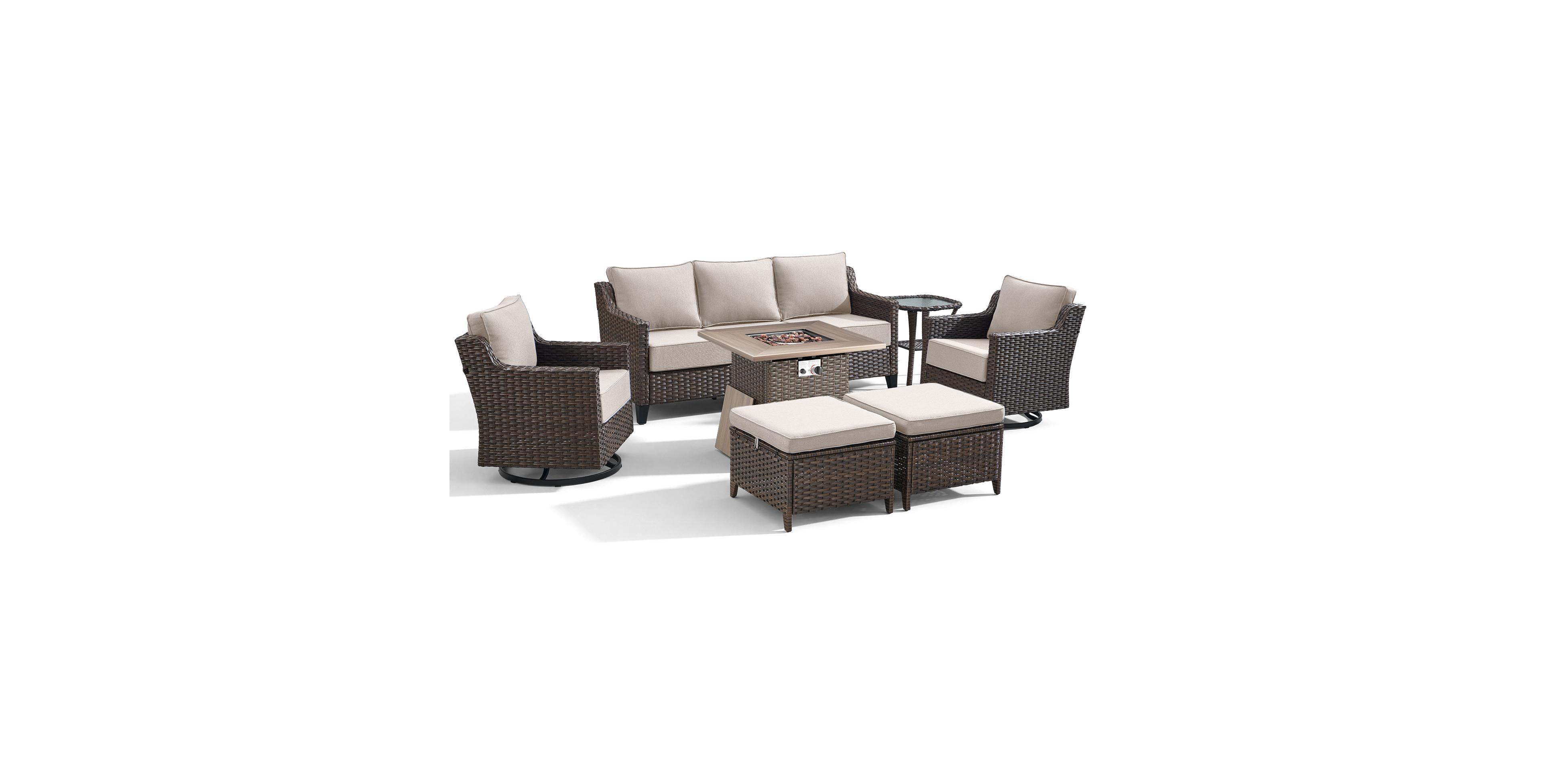 Pocassy Horiz 7-Piece Patio Furniture Set with Fire Pit Table Wicker Swivel Rocking Chairs 3-Seat Sofa Ottomans Outdoor Conversation