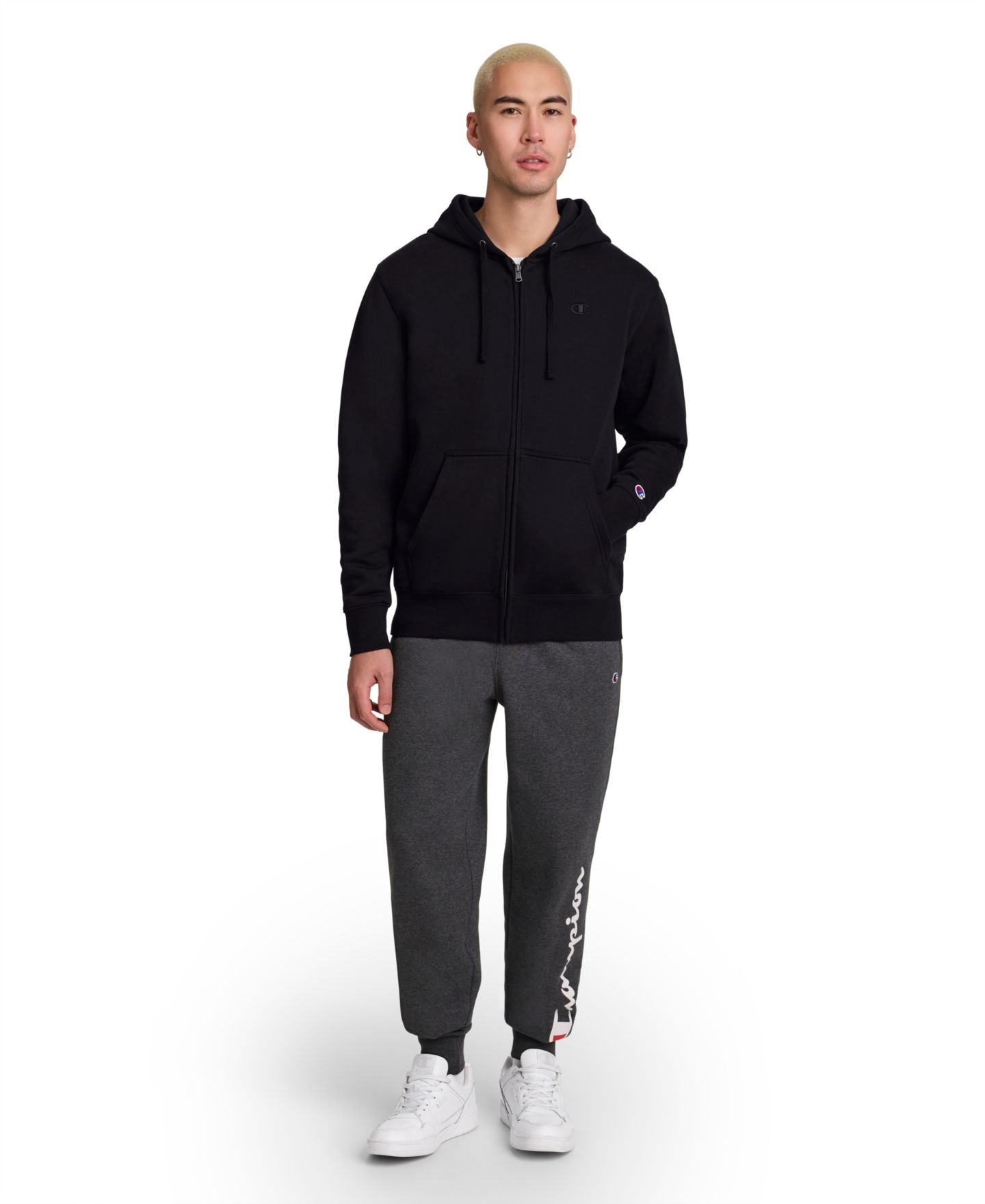 Мужское худи Champion Powerblend Fleece Full Zip, цвет: Чёрный — фото 2