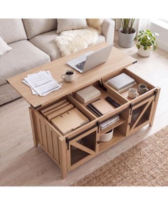 Lift Top Coffee Table with Sliding Barn Door, 47" Farmhouse Wood Work Center Table with Hidden Storage and Open Shelves for Living Room