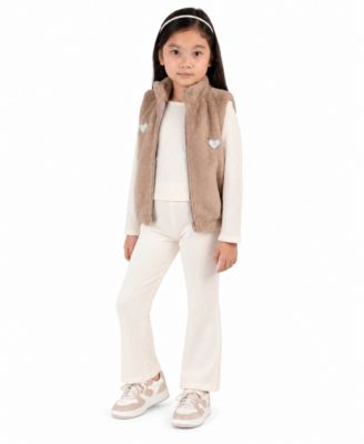 Toddler Girls' 2T-6X Faux Fur Vest, Cable-Knit Long-Sleeve Top and Wide-Leg Pants, 3-Piece Set