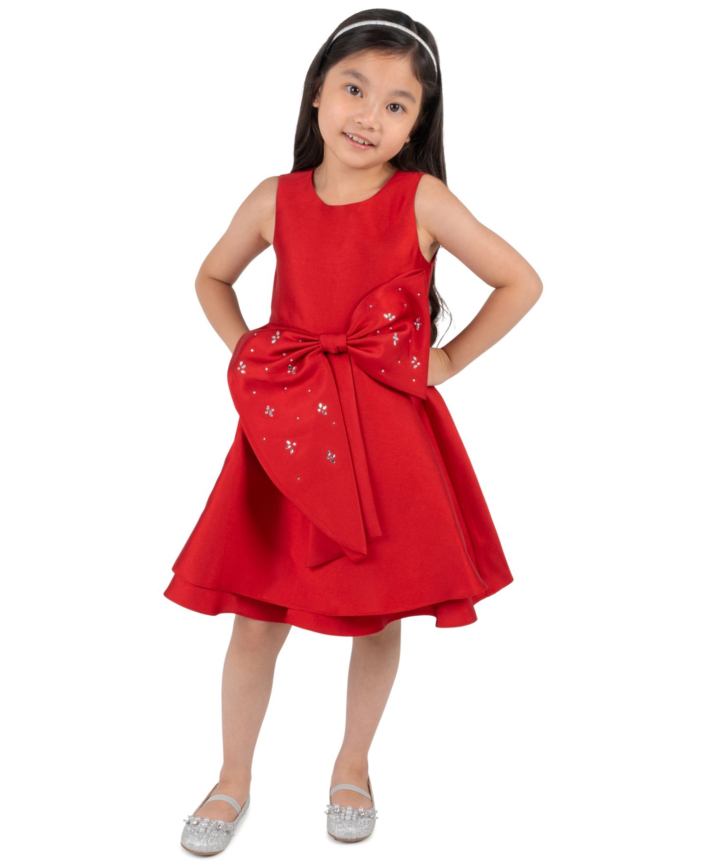 Платье Rare Editions Crystal-Embellished Cascading Bow Fit & Flare Dress для девочек, цвет: Красный — фото 1