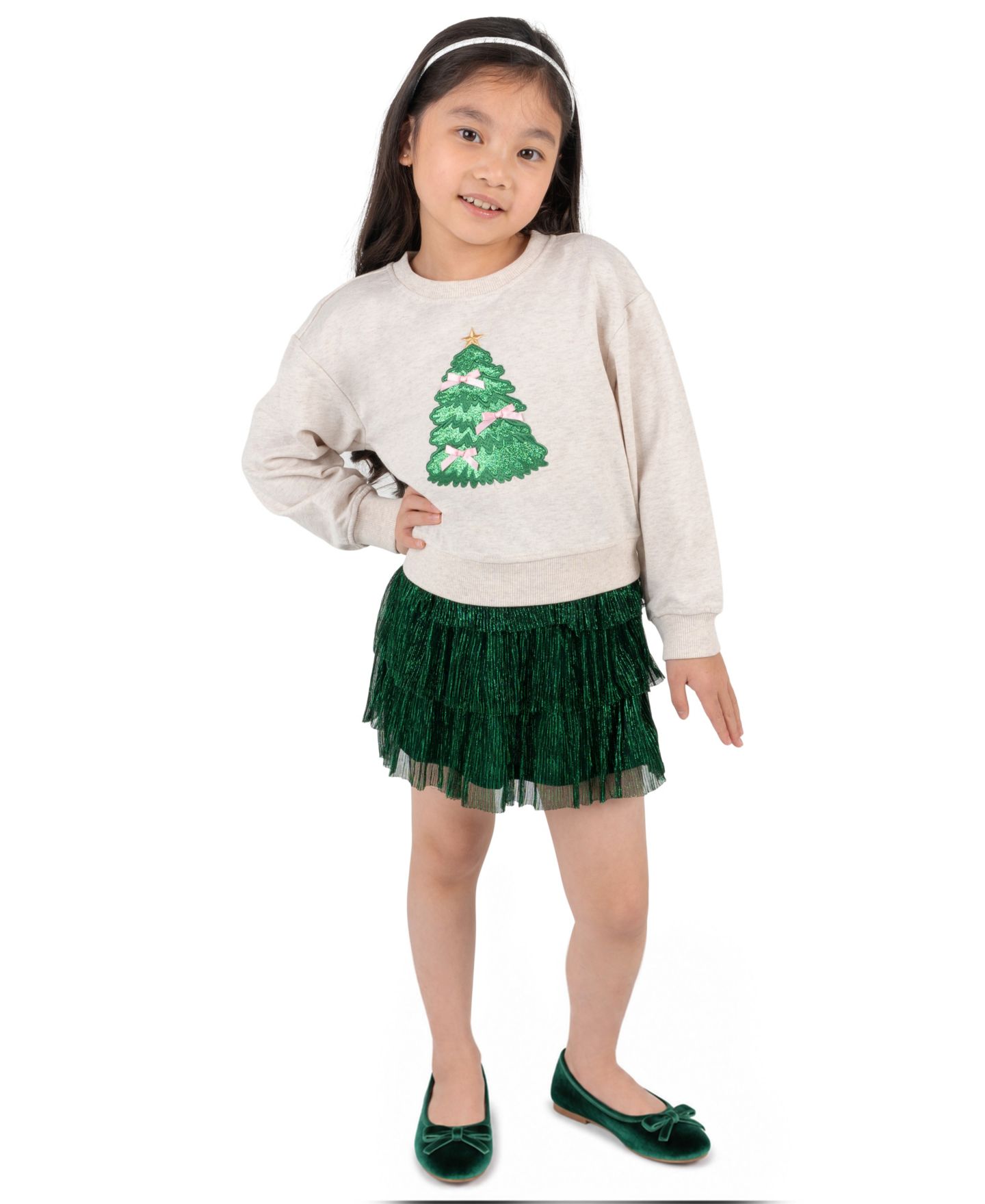 Rare Editions Girls' 2T-6X Christmas Appliqué Tiered Sweatshirt and Skirt, 2-Piece Set, цвет: Слоновая кость — фото 1